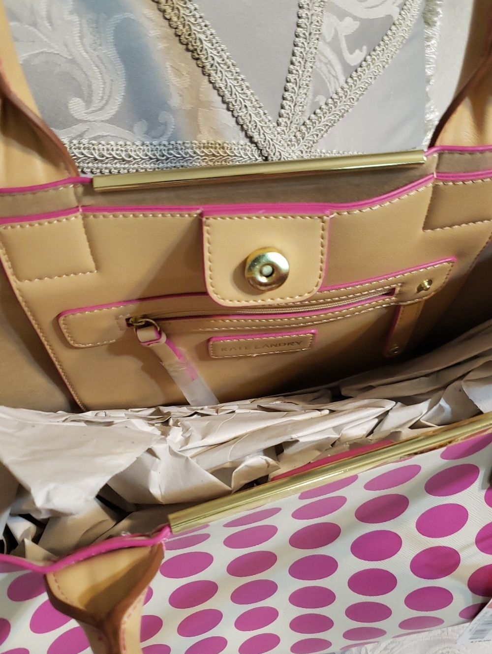 NWT- Pink Polka Dot Tote Bag with Tan Handles Cabana Tote - Picture 3 of 5